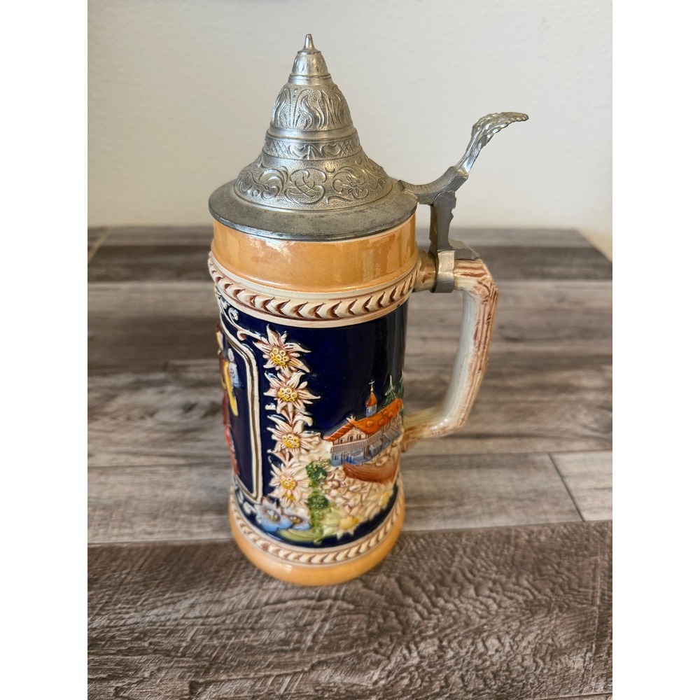 Vintage German Beer Stein Cobalt Blue Relief Pewter Lid Made‎ in Germany